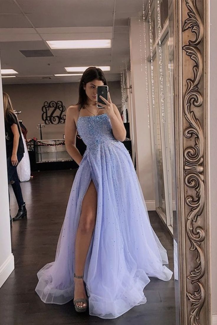 A-Line Beaded Long Tulle Prom Dresses Formal Evening Dresses with Slit ...
